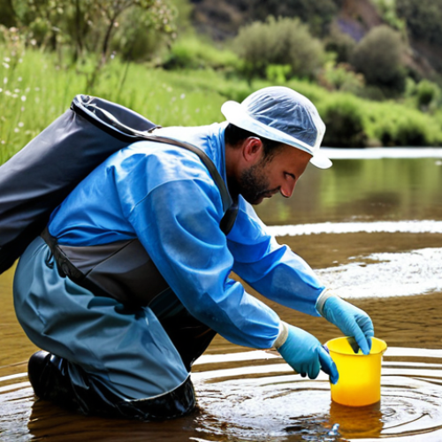 Home 11 **
A meticulous water technician in Portugal collecting a water sample from a river. He's wearing waders and using sterile equipment. The scene emphasizes attention to detail and scientific rigor. In the background, a modern, accredited laboratory analyzes water samples. ISO 17025 certification visible on a sign. Emphasize accuracy and reliability.
**