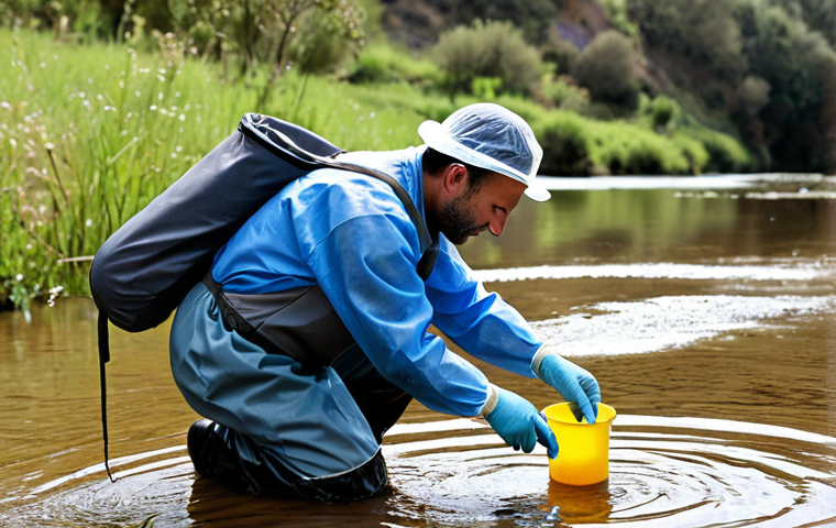 **
A meticulous water technician in Portugal collecting a water sample from a river. He's wearing waders and using sterile equipment. The scene emphasizes attention to detail and scientific rigor. In the background, a modern, accredited laboratory analyzes water samples. ISO 17025 certification visible on a sign. Emphasize accuracy and reliability.
**