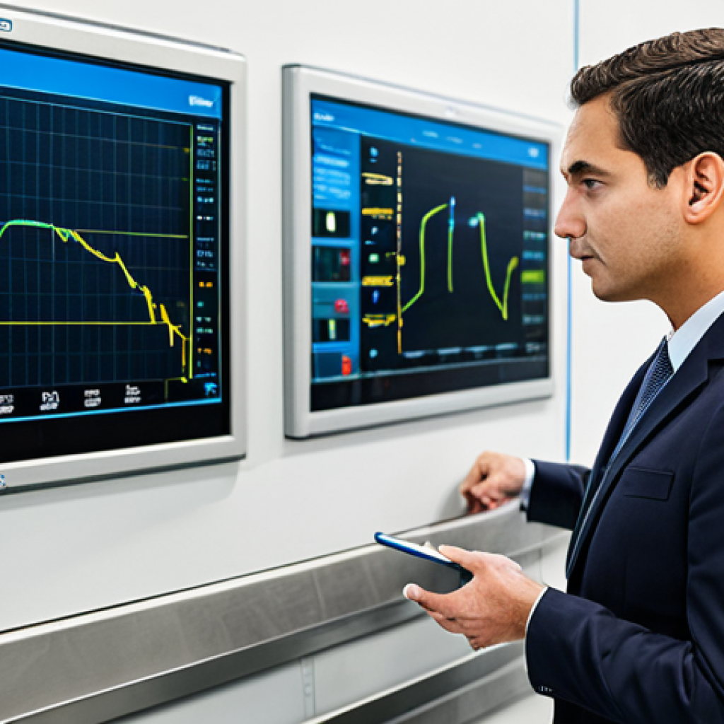A highly competent and dedicated water quality professional, male or female, in a modest business suit, observing data on a large, clean display in a modern, well-lit control room of a water treatment plant. The professional has a thoughtful and focused expression, embodying a commitment to environmental stewardship and public health. The scene emphasizes precision and responsibility in water management. This image is professional, fully clothed, appropriate attire, safe for work, correct proportions, perfect anatomy, natural body proportions, well-formed hands, proper finger count, family-friendly, high-quality, professional photography.