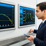 A highly competent and dedicated water quality professional, male or female, in a modest business suit, observing data on a large, clean display in a modern, well-lit control room of a water treatment plant. The professional has a thoughtful and focused expression, embodying a commitment to environmental stewardship and public health. The scene emphasizes precision and responsibility in water management. This image is professional, fully clothed, appropriate attire, safe for work, correct proportions, perfect anatomy, natural body proportions, well-formed hands, proper finger count, family-friendly, high-quality, professional photography.