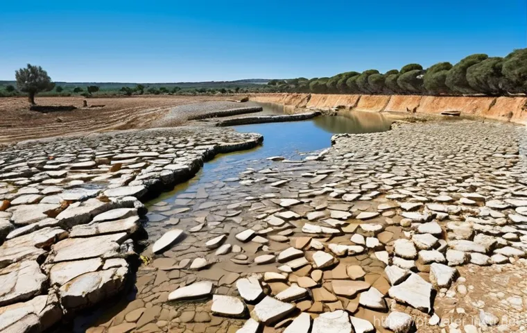 수질환경 전문가들의 인터뷰 - **Prompt:** "A panoramic view of a parched riverbed in Southern Portugal under a harsh, clear blue s...