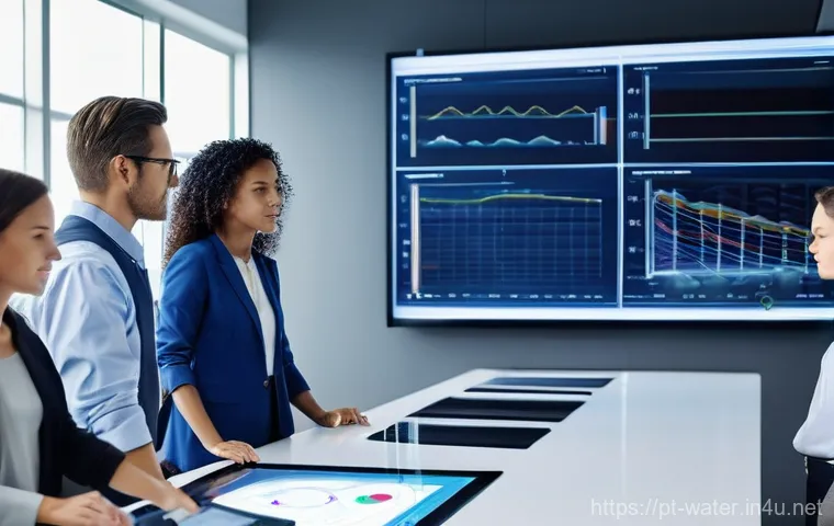 수질환경 컨설팅 시장 분석 - **Prompt:** A diverse team of professional environmental consultants, both male and female, in clean...