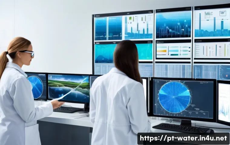 수질환경기사 연봉 및 커리어 전망 - A modern water quality laboratory scene in Brazil, featuring diverse professionals wearing lab coats...