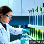 수질환경 분야 면접 질문 모음 - A detailed scientific laboratory scene showing a water quality analysis in progress: a researcher we...