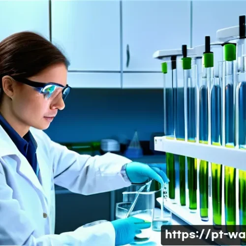 수질환경 분야 면접 질문 모음 - A detailed scientific laboratory scene showing a water quality analysis in progress: a researcher we...