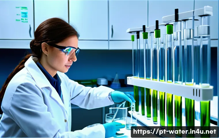수질환경 분야 면접 질문 모음 - A detailed scientific laboratory scene showing a water quality analysis in progress: a researcher we...