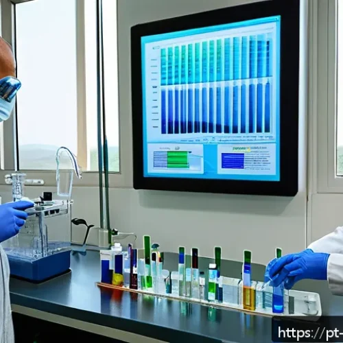 수질환경 평가보고서 작성법 - A detailed laboratory scene showing a Brazilian water quality testing setup: scientists wearing lab ...