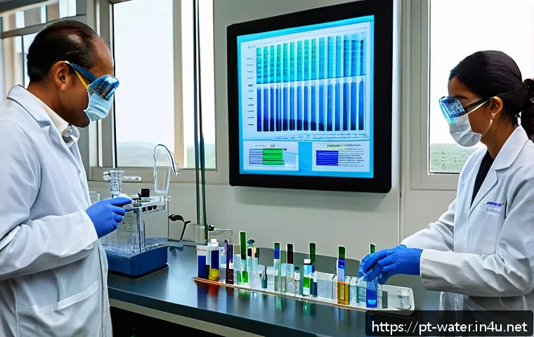 수질환경 평가보고서 작성법 - A detailed laboratory scene showing a Brazilian water quality testing setup: scientists wearing lab ...