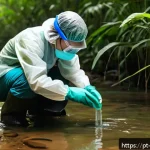 수질환경 전문가로서의 직업 윤리 - A professional water quality scientist wearing protective gear and safety glasses, carefully collect...