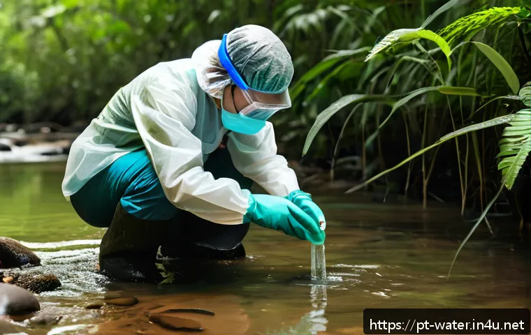 수질환경 전문가로서의 직업 윤리 - A professional water quality scientist wearing protective gear and safety glasses, carefully collect...