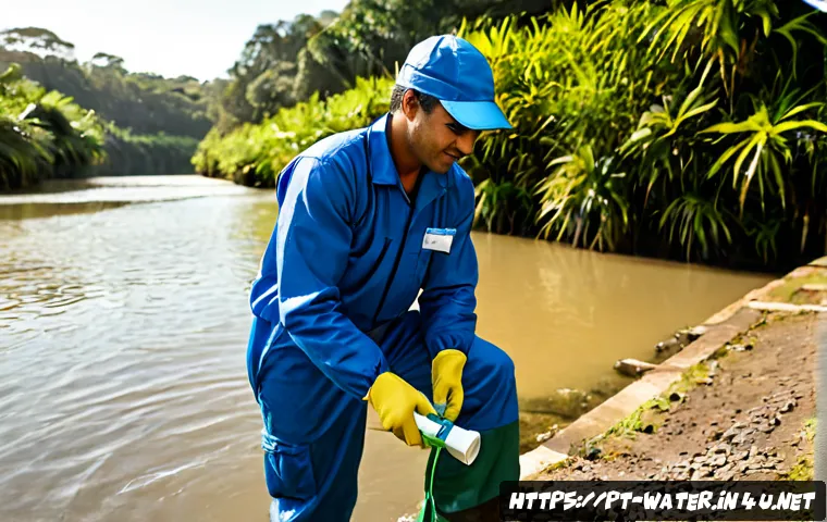 수질환경 분야 직업 만족도 - Photorealistic Brazilian water quality specialist in protective field clothing collecting a clear ri...